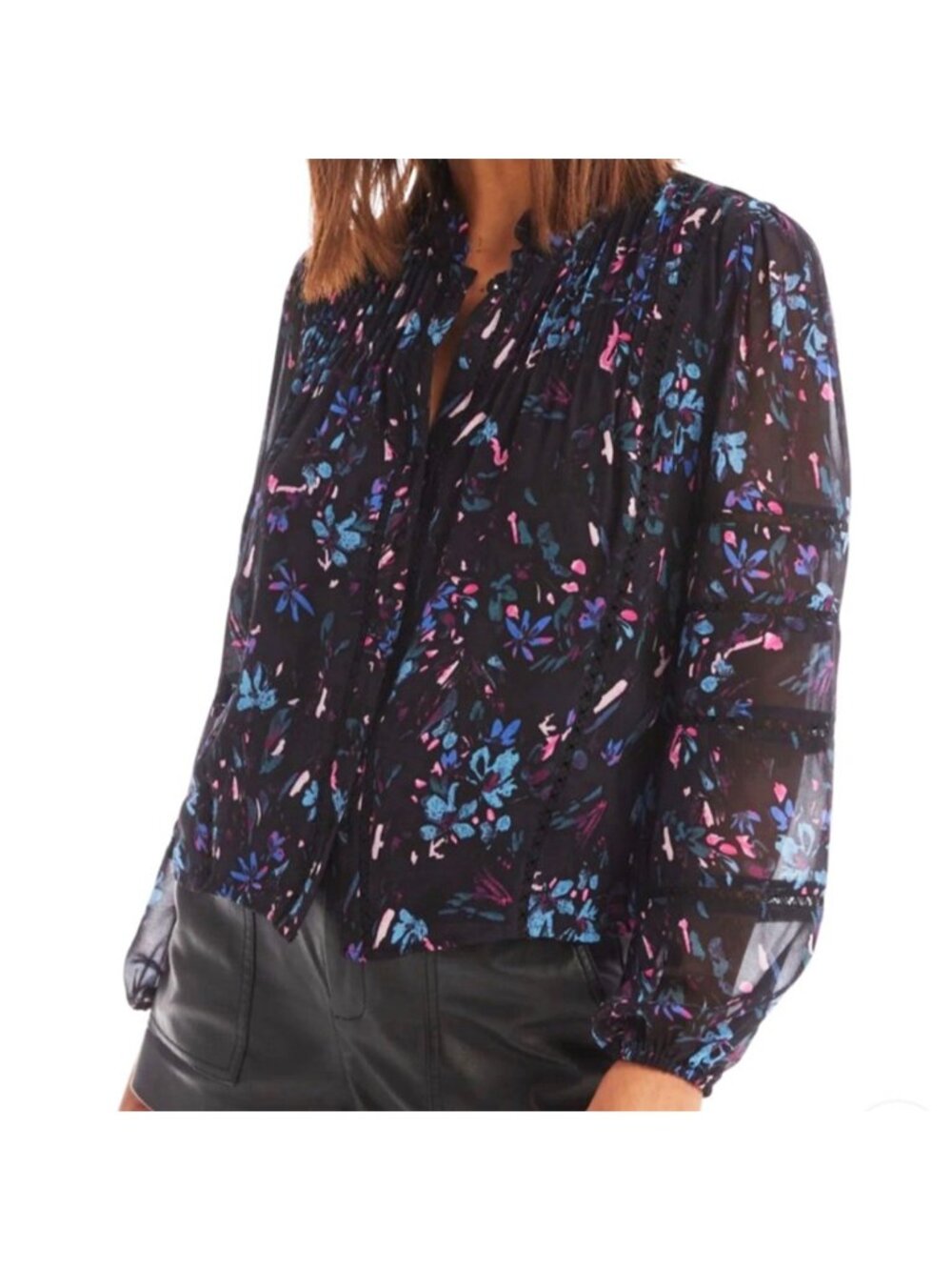 Allison New York Erica Long Sleeve Blouse Black Floral Size Small New